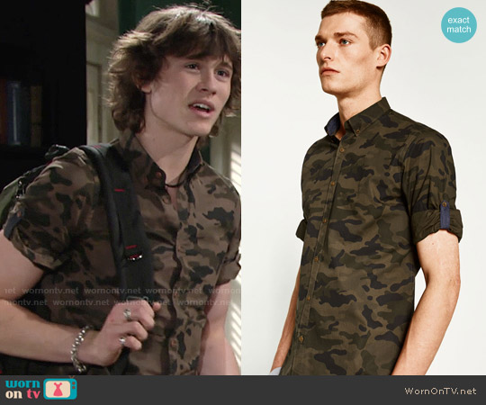 Zara Rolled Tab Sleeve Camouflage Shirt worn by Reed Newman Hellstrom (Tristan Lake Leabu) on The Young and the Restless