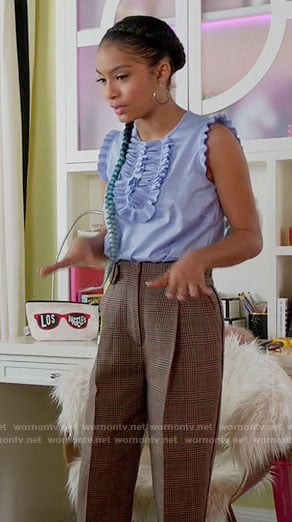Zoey's blue ruffled top and plaid trousers on Black-ish