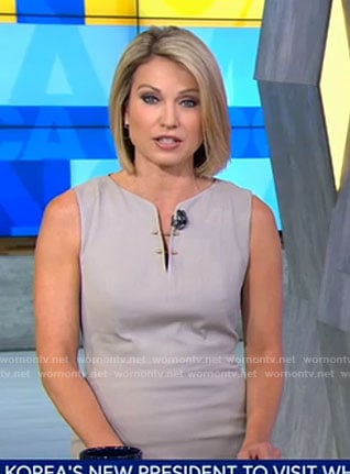 Amy’s grey split neck dress with gold pins on Good Morning America