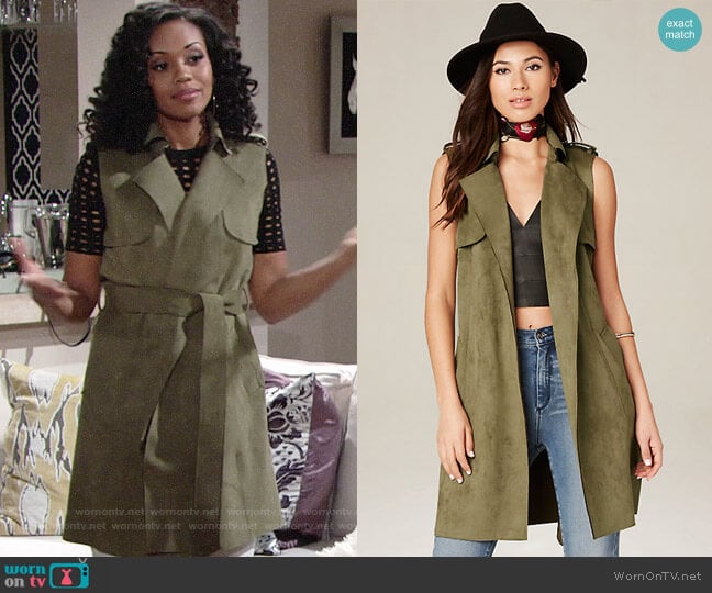 Bebe Faux Suede Trench Coat in Burnt Olive worn by Hilary Curtis (Mishael Morgan) on The Young and the Restless