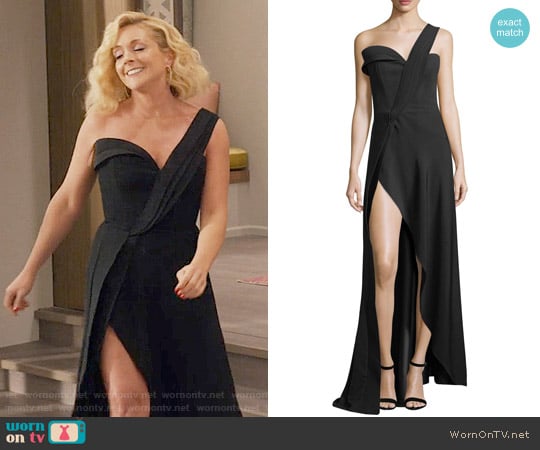 Brandon Maxwell One-Shoulder High-Slit Crepe Gown worn by Jacqueline Voorhees (Jane Krakowski) on Unbreakable Kimmy Schmidt