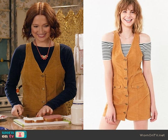 Cooperative Parker Corduroy Button-Down Mini Jumper Dress worn by Kimmy Schmidt (Ellie Kemper) on Unbreakable Kimmy Schmidt