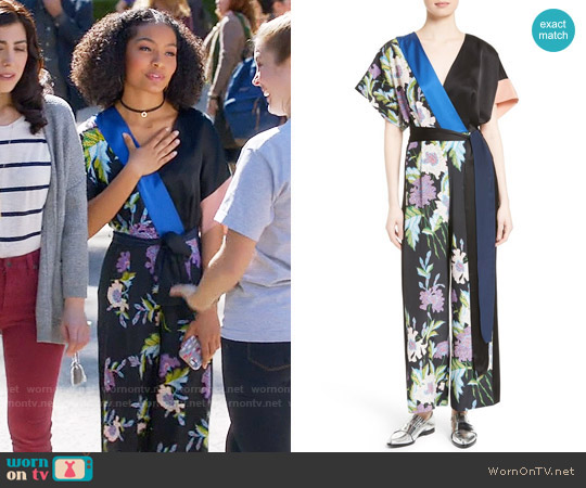 Diane von Furstenberg Faux Wrap Silk Jumpsuit worn by Zoey Johnson (Yara Shahidi) on Black-ish