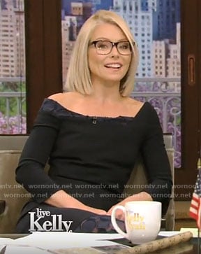 Kelly’s navy lace trimmed sheath dress on Live With Kelly