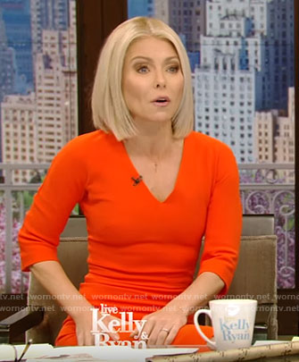 Kelly's orange v-neck dress on Live With Kelly