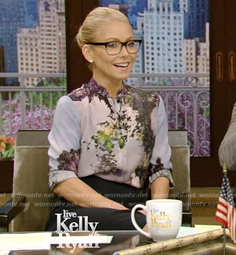 Kelly's blue bird print blouse on Live With Kelly