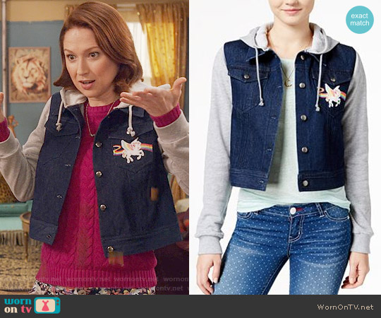 Lisa Frank Unicorn Patch Hoodie Denim Jacket worn by Kimmy Schmidt (Ellie Kemper) on Unbreakable Kimmy Schmidt