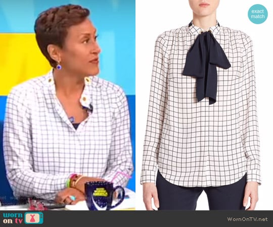 Windowpane Silk Tie-Neck Blouse by Michael Kors worn by Robin Roberts on Good Morning America