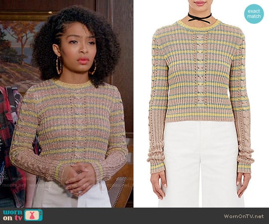 Philosophy di Lorenzo Serafini Metallic striped cable-knit sweater worn by Zoey Johnson (Yara Shahidi) on Black-ish