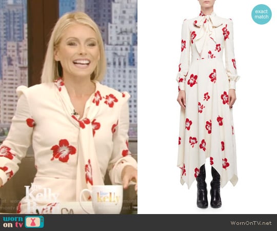 Embellished Hibiscus-Print Midi Dress by Saint Laurent worn by Kelly Ripa on Live with Kelly and Mark