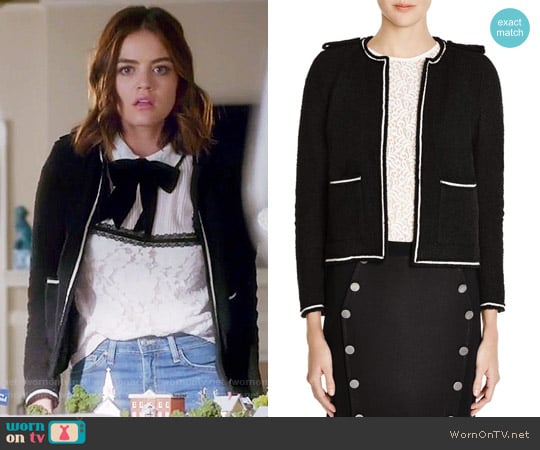 The Kooples Textured Contrast Trim Jacket worn by Aria Montgomery (Lucy Hale) on Pretty Little Liars