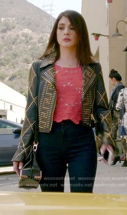Alexis's red lace top and studded leather jacket on Famous in Love