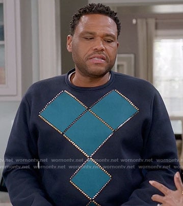 Andre's teal studded sweatshirt on Black-ish