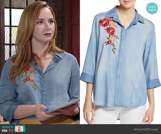 Aqua Button Down Embroidered Chambray Shirt worn by Mariah Copeland (Camryn Grimes) on The Young and the Restless