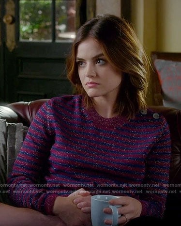 Aria's purple and blue metallic striped sweater on Pretty Little Liars