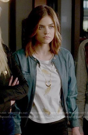 Aria’s gold leaf tee and teal leather jacket on Pretty Little Liars