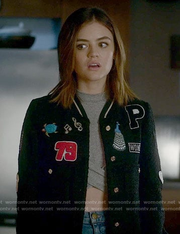 Aria's grey crop top and customized patch bomber jacket on Pretty Little Liars