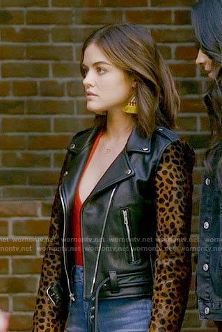 Aria's leather jacket with leopard print sleeves and heart necklace on Pretty Little Liars