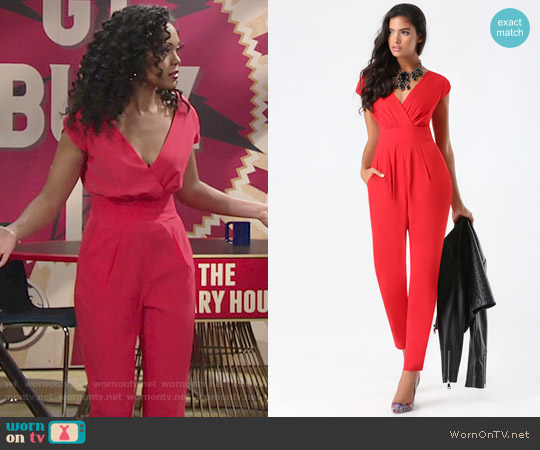 Bebe Emma Bow Crepe Jumpsuit worn by Hilary Curtis (Mishael Morgan) on The Young and the Restless