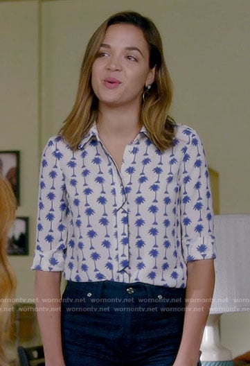 Cassie's blue palm print shirt on Famous in Love
