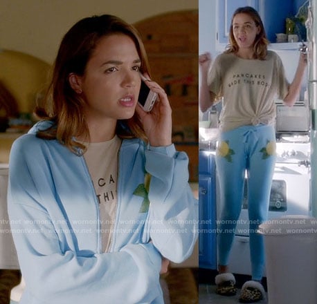 Cassie's pancakes tee and blue lemon sweatpants and hoodie on Famous in Love