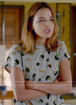 Cassie's sushi print top on Famous in Love