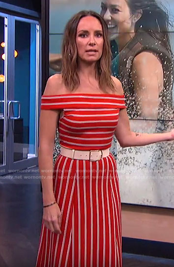 Catt's red striped off-shoulder dress on E! News