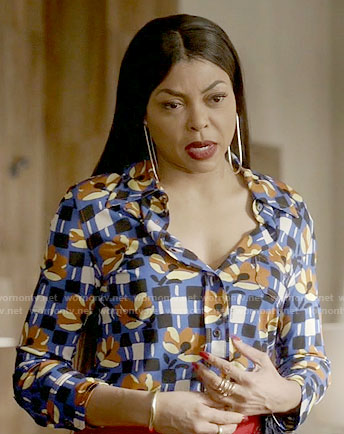 Cookie's blue printed shirt and red feather trim skirt on Empire