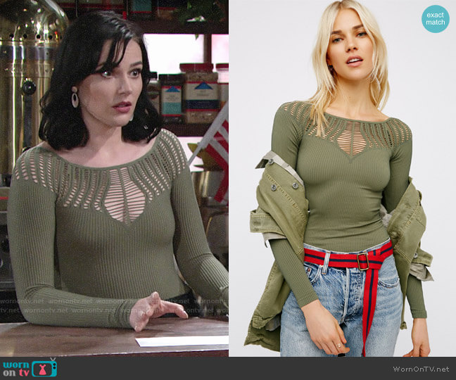 Free People Cut Out Neck Long Sleeve Top in Army worn by Tessa Porter (Cait Fairbanks) on The Young and the Restless