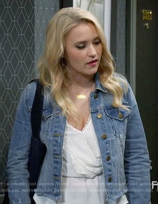 Gabi’s white ruffled top and denim jacket on Young and Hungry
