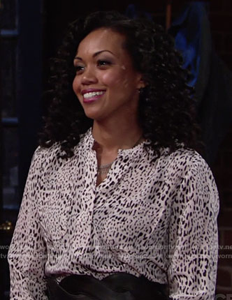 Hilary’s white leopard print blouse on The Young and the Restless