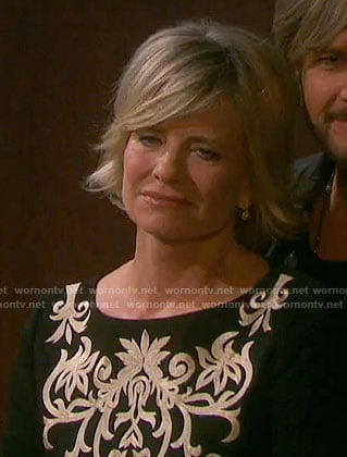 Kayla's black dress with white embroidery on Days of our Lives