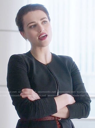 Lena’s black zip front peplum jacket on Supergirl