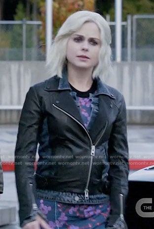 Liv's blue and purple printed dress and leather  jacket on iZombie