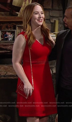 Mariah’s red v-neck fit and flare dress on The Young and the Restless