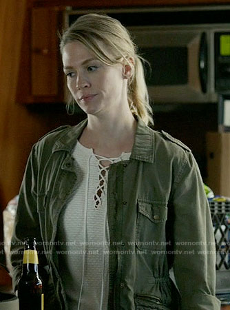 Melissa's white lace-up top and army jacket on Last Man on Earth