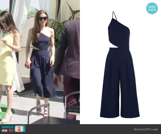 Michelle Mason One-shoulder cutout stretch-crepe jumpsuit worn by Victoria Newman (Amelia Heinle) on The Young and the Restless