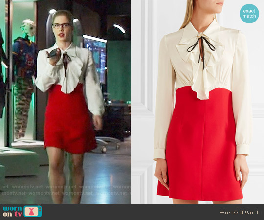 Miu Miu Ruffled silk crepe de chine mini dress worn by Felicity Smoak (Emily Bett Rickards) on Arrow