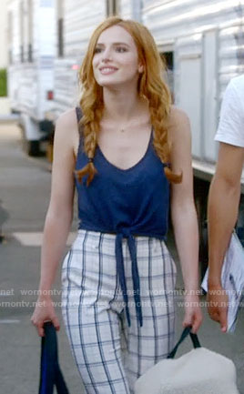 Paige's navy tie-front tank top and plaid pants on Famous in Love