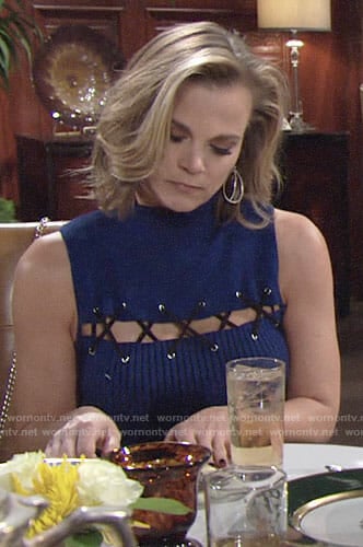 Phyllis's blue striped lace-up dress on The Young and the Restless