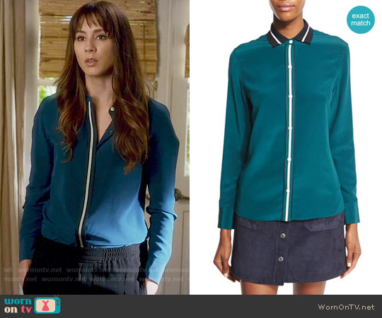 Rag & Bone Nico Shirt in Teal worn by Spencer Hastings (Troian Bellisario) on Pretty Little Liars