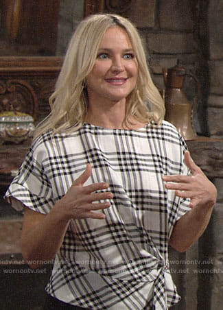 Sharon’s plaid knot-front top on The Young and the Restless