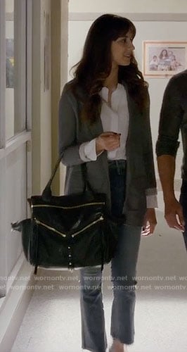 Spencer's grey blazer and black bag on Pretty Little Liars