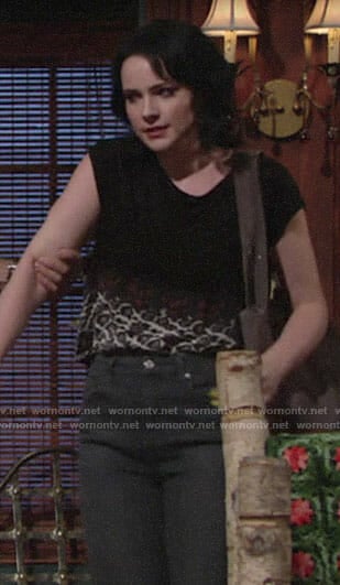 Tessa’s black leopard print tee on The Young and the Restless