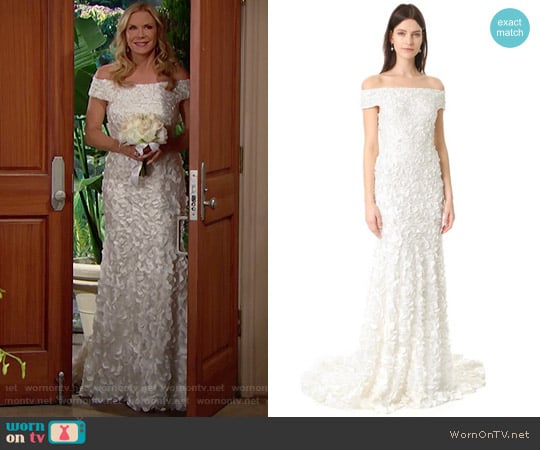 Theia Marina Off the Shoulder Petal Gown worn by Brooke Logan (Katherine Kelly Lang) on The Bold and the Beautiful