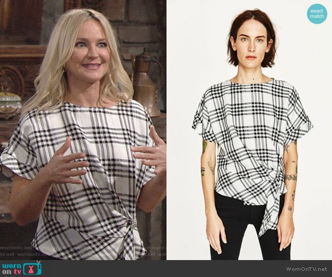 Zara Checked Top with Front Knot worn by Sharon Newman (Sharon Case) on The Young and the Restless