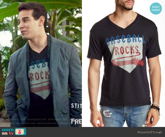 'Baseball Rocks' Graphic V-Neck T-Shirt by 7th Inning Stretch worn by Simon Lewis (Alberto Rosende) on Shadowhunters