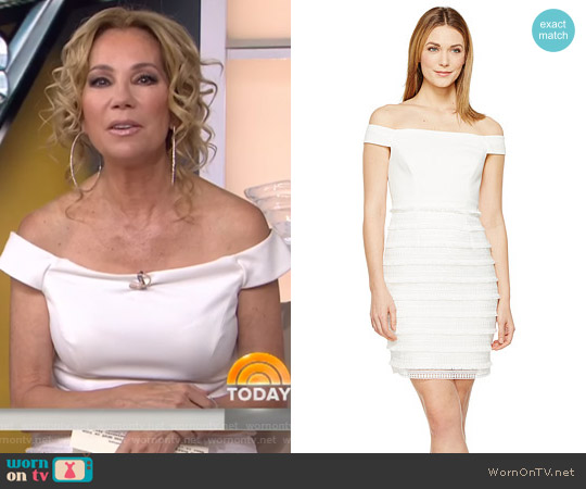 Off the Shoulder Fringe Lace by Aidan Mattox worn by Kathie Lee Gifford on Today