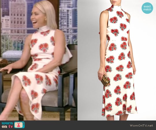 Poppy Print Ruffled-Back High-Neck Dress by Alexander McQueen worn by Kelly Ripa on Live with Kelly and Mark