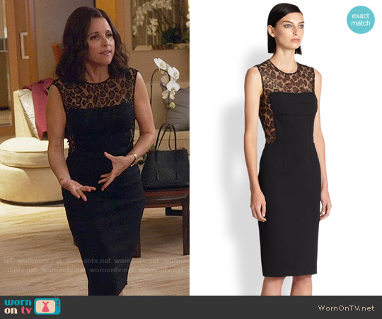 Alexander McQueen Scuba & Leopard Lace Sheath worn by Selina Meyer (Julia Louis-Dreyfus) on Veep